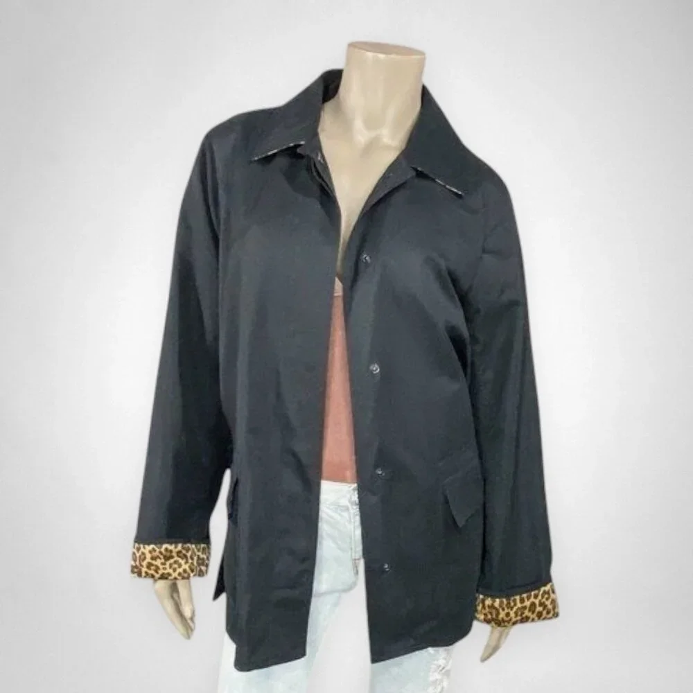 DENNIS BASSO Medium‎ Black Jacket With Leopard Print Lining & Cuffs